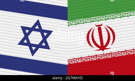 Iran und Israel zwei Half Flags zusammen Stofftextur Illustration Stockfoto