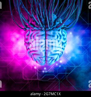 Verkabelte virtuelle Realität menschliches Gehirn / 3D-Illustration von Science Fiction Cyberpunk künstliches Intelligenz Gehirn, das an Drähten und Kabeln hängt Stockfoto