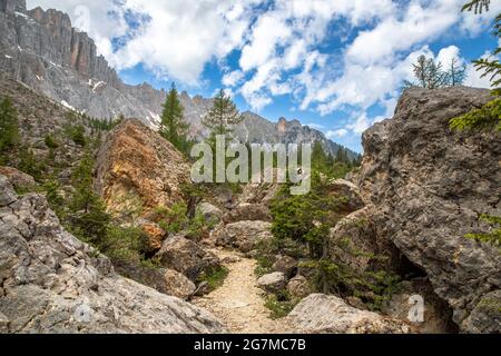 Felsenlabyrinth unter den Latemarbergen, Dolomiten, Südtirol Stockfoto