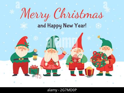 Weihnachtskarte mit Zwergen. Niedliche Weihnachtselfen wünschen heiraten weihnachten. Cartoon Grußkarte mit Elfen Zwerge, Geschenke, Schneeflocken Vektor-Vorlage. Frohes neues Jahr Feier mit lustigen Charakteren Stock Vektor