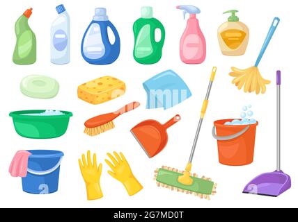 Reinigungszubehör. Besen, Sprühflasche, Wischmopp, Reinigungsmittel, Eimer, Schwamm. Haushaltszubehör und Produkte für Frühjahrsputz-Vektor-Set. Hygienechemikalien und sanitäre Einrichtungen Stock Vektor