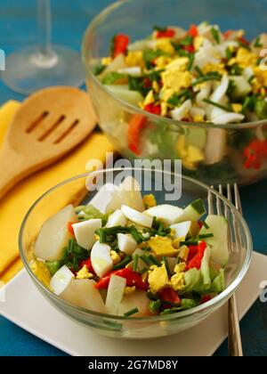 Kartoffelsalat mit Gemüse und Eiern. Stockfoto