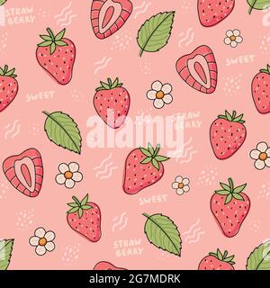 Erdbeermuster. Niedliche bunte Erdbeeren mit Blumen und Blättern im Doodle-Stil, Vektorgrafik Stock Vektor