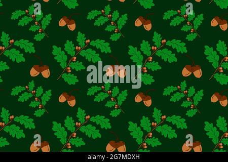Schöne Eichenzweige mit Eicheln nahtlosem Muster. Herbstlicher grüner Einband. Eiche Herbst Hintergrund für Textil, Stoff, Cover, Postkarten, Geschenkpapier Stock Vektor