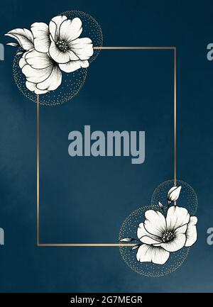 Hochzeit Hintergrund florale Karte und dekorative goldene Grenze, Luxus Hochzeit blaue Karte Vorlage mit Tinte Kunst Blumen und goldenen Rahmen und Kreise Stockfoto