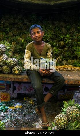 Junge, die Ananas verkauft. Der Fruchtbasar des muslimischen Viertels rund um die Nakhoda-Moschee ist ein Labyrinth aus Mini-Basaren und verwinkelten Gassen. Stockfoto