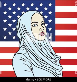 Hijab Muslimische Amerikanische Frau. Hintergrund Der Amerikanischen Flagge. Pop Art Comics Style Vektor Illustration Stock Vektor