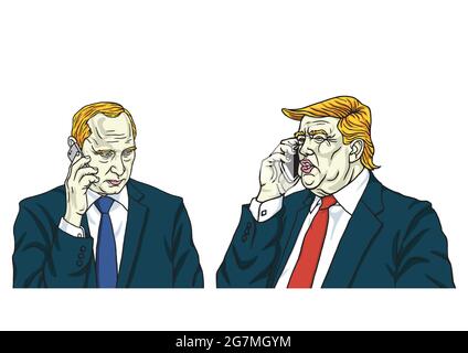 Donald Trump mit Vladimir Putin am Telefon. Cartoon Karikatur Vektor Illustration Stock Vektor