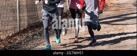 Eine kleine Gruppe von High School-Crosscountry-Läufern läuft gemeinsam auf einem unbefestigten Pfad bergauf im Sunken Meadow State Park. Stockfoto