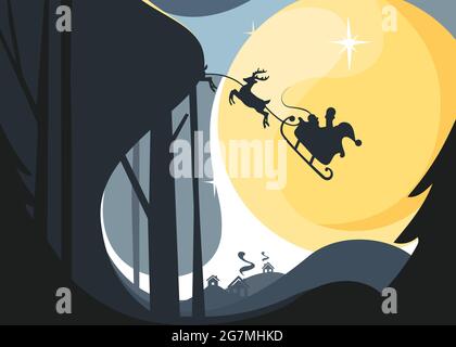 Santa fliegt im Schlitten mit Rentieren am Nachthimmel. Weihnachtsbanner im flachen Stil. Stock Vektor