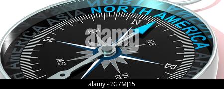Kompassnadel, die auf Nordamerika zeigt, 3D-Rendering Stockfoto