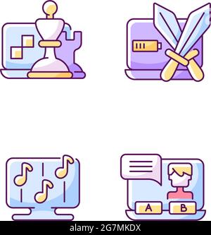 Wettbewerbsfähige Spiele Typen RGB-Farbsymbole gesetzt Stock Vektor