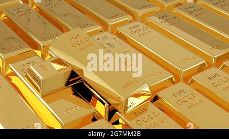 Feines Goldbarren Gewicht von 1000 Gramm auf Stapel von feinen Goldbarren. Finanzkonzept. 3D-Rendering-Illustration. Stockfoto