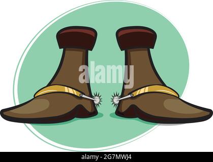Cowboy-Stiefel aus Leder mit Spornen. „Wild Western Texas Country“-Grafikelemente. Dynamischer Neonfarbhintergrund. Cowboy-Vektorelemente. Stock Vektor