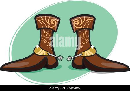 Cowboy-Stiefel aus Leder mit Spornen. „Wild Western Texas Country“-Grafikelemente. Dynamischer Neonfarbhintergrund. Cowboy-Vektorelemente. Stock Vektor