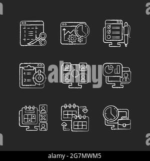 Arbeitsüberwachungswerkzeuge Kreide weiße Symbole auf dunklem Hintergrund gesetzt Stock Vektor