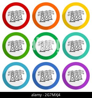 Stromleitung, Energie-Türme Vektor-Symbole, Satz von bunten flachen Design-Tasten für webdesign und mobile Anwendungen Stock Vektor