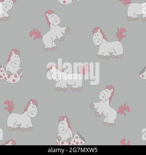Nahtloses Vektormuster mit Einhorn auf hellgrauem Hintergrund. Niedliches Tapeten-Design für Kinder. Cartoon-Stil Fantasy Baby Textil. Stock Vektor