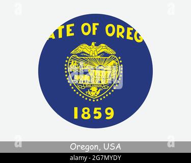 Oregon Round Circle Flagge. ODER US State Circular Button Banner-Symbol. Oregon Vereinigte Staaten von Amerika Staatsflagge. Der Beaver State EPS-Vektor Stock Vektor