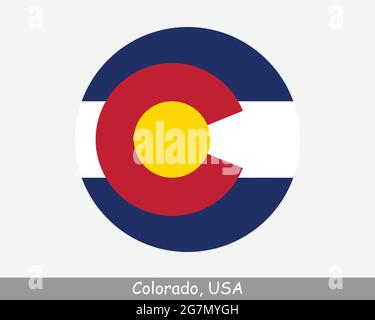 Colorado Round Circle Flagge. CO USA State Circular Button Banner-Symbol. Colorado Vereinigte Staaten von Amerika Staatsflagge. Der Centennial State EPS-Vektor Stock Vektor
