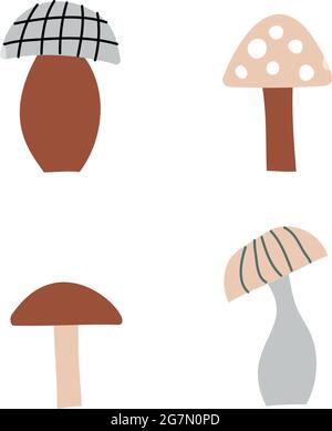 Pilzsatz von Vektorgrafiken isoliert auf Weiß. Weißer Pilz, Pfifferlinge, Honig-Agarika, Pilze, Fliegenpilze. Cartoon-Doodle-Stil Stock Vektor