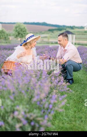Duftender Lavendel. Feld von Lavendelsträuchern im Sommer. Glücklich reifen schönes Paar, Mann und Frau, Ernte Lavendelblüten und genießen Sie den Duft Aroma Stockfoto
