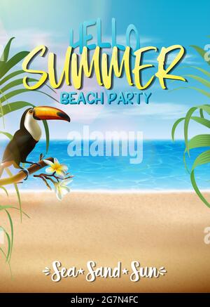 Sommerparty-Banner-Vorlage mit exotischen Blumen und tukan-Vogel. Vertikale Ausrichtung. Stock Vektor