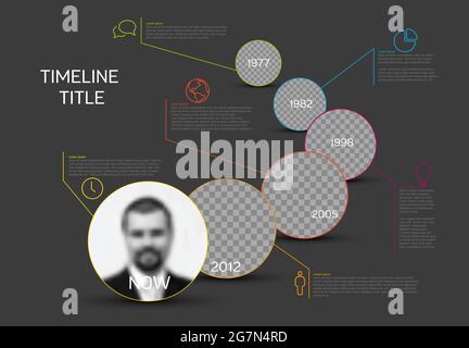 Vektor-Infografik Zeitleiste Vorlage aus Kreis Foto Platzhalter mit Textinhalt gemacht - dunkle Version mit einfachen Farblinie. Infotafel für die Zeitlinie Stock Vektor