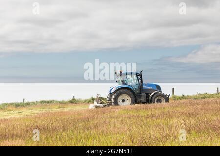 Garrettstown, Cork, Irland. Juli 2021. An einem heißen Sommer Tag Bauernhof Auftragnehmer T.J. O'Brien schneidet Gras auf dem Land, das auf dem Wild Atlantic Way in Garrettstown, Co. Cork, Irland, liegt. - Bild; David Creedon Stockfoto