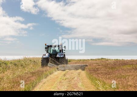 Garrettstown, Cork, Irland. Juli 2021. An einem heißen Sommer Tag Bauernhof Auftragnehmer T.J. O'Brien schneidet Gras auf dem Land, das auf dem Wild Atlantic Way in Garrettstown, Co. Cork, Irland, liegt. - Bild; David Creedon Stockfoto