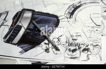 Zeichnungen für Autos bei Ital Design. 20 Jahre der Firma Design Concept Cars 1988. Azteken Stockfoto