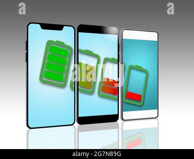 Auf den Bildschirmen von 3 Mobiltelefonen sind in dieser 3-d-Abbildung auf weißem Hintergrund isolierte Akkusymbole zu sehen. Stockfoto