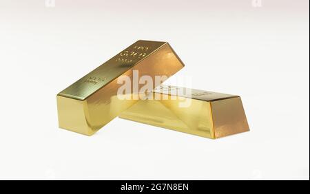 Nahaufnahme von zwei Goldbarren isoliert auf weißem Hintergrund. Stockfoto