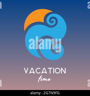 Abstrakte minimale Sonne und Meereswelle, Symbol- oder Logo-Vorlage, Text „Urlaubszeit“ Stock Vektor