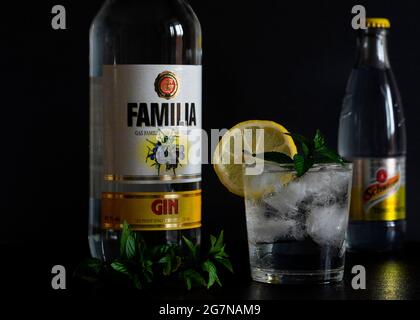 Ukraine. Juli 2021. Auf dieser Fototafel sind Flaschen Gin Familia und Schweppes Indian Tonic und Fertiggetränk in einem vermistelten Glas mit Eis, einer Scheibe Zitrone und einem Zweig Minze zu sehen. Kredit: SOPA Images Limited/Alamy Live Nachrichten Stockfoto