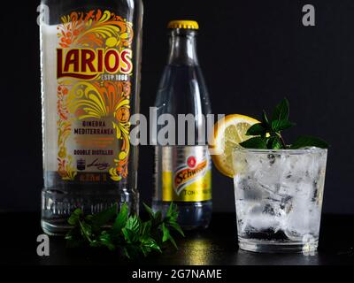 Ukraine. Juli 2021. Auf dieser Abbildung sind Flaschen mit Gin Larios und Schweppes Indian Tonic und Fertiggetränk in einem vermistelten Glas mit Eis, einer Scheibe Zitrone und einem Zweig Minze zu sehen. Kredit: SOPA Images Limited/Alamy Live Nachrichten Stockfoto