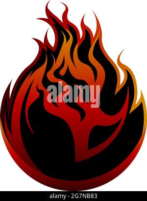 Abstrakt schlichter, in Schwarz und Orange flammender Feuerball, Schild oder Symbol Stock Vektor