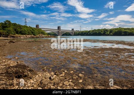 Die Britannia-Brücke von der Küste der Menai-Straße bei Ebbe, Anglesey, Nordwales Stockfoto