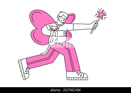 Feenmann in rosa mit Katze schafft Magie Stock Vektor