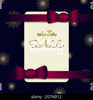 Winterverkauf mit goldenem Text und Schneeflocken, roten Schleifen, auf einem dunkelblauen Hintergrund für Ihr Design Stock Vektor