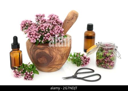 Zubereitung ätherisches Öl mit Kräuterblüten, Blättern. Wird in der Lebensmittelgewürzung und Kräuterpflanzenmedizin verwendet. Lindert IBS-Symptome. Stockfoto