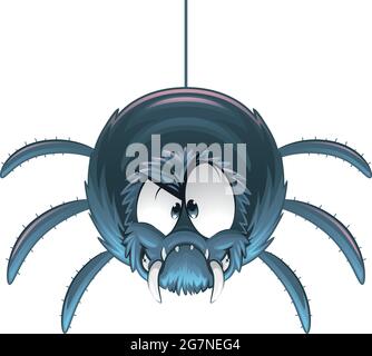 Cartoon-Illustration einer Spider-Figur mit großen Reißzähne, die an einem Spinnennetz-Faden hängen Stock Vektor