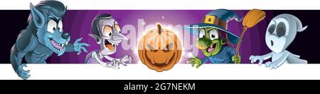 Cartoon Halloween Banner mit einer Gruppe von Monstern, Werwolf, Vampir, Kürbis, Hexe und Geist Stock Vektor