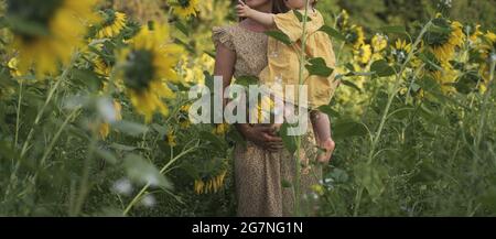 Eine Schwangerin in einem cremefarbenen Kleid hält ihre Tochter fest und geht auf einem Sonnenblumenfeld Stockfoto