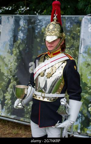 Windsor, Großbritannien. Juli 2021. The Blues and Royals bei der Royal Windsor Horse Show. Trooper Dickinson (im Bild) wurde mit dem Best turned out Trooper ausgezeichnet. Quelle: Maureen McLean/Alamy Stockfoto