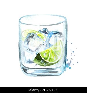 Gin mit Eiswürfeln und Limettenscheibe. Aquarell handgezeichnete Illustration, isoliert auf weißem Hintergrund Stockfoto