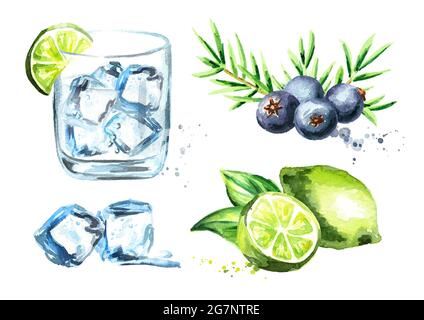 Gin tonik Set mit Eiswürfeln, Limette und Wacholderbeeren. Aquarell handgezeichnete Illustration isoliert auf weißem Hintergrund Stockfoto