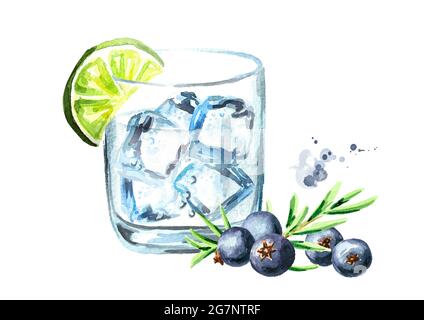 Glas Gin Tonic mit Eiswürfeln, Wacholder und Limette. Aquarell handgezeichnete Illustration, isoliert auf weißem Hintergrund Stockfoto