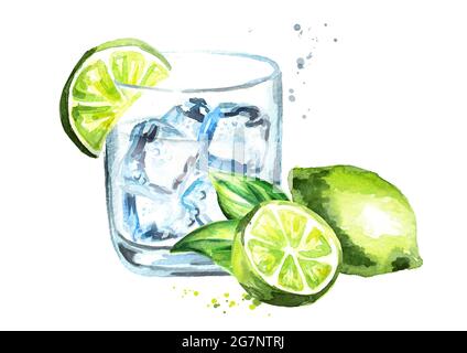 Glas Gin Tonic mit Eiswürfeln und Limette. Aquarell handgezeichnete Illustration, isoliert auf weißem Hintergrund Stockfoto