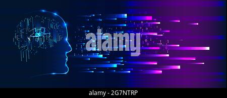 Künstliche Intelligenz. Das Bild des menschlichen Kopfes umreißt, in dessen Inneren sich eine abstrakte Leiterplatte befindet. Vektor. Stock Vektor